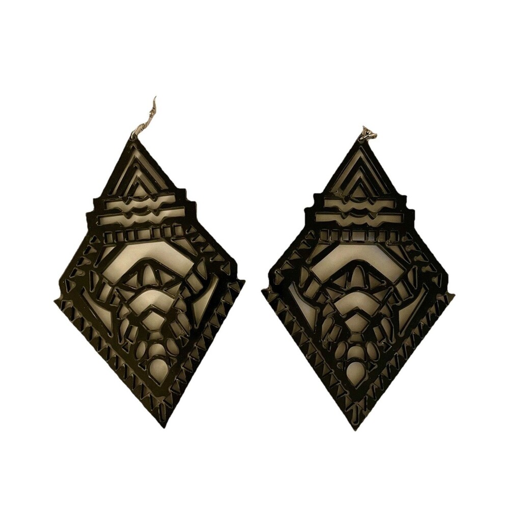 Large Dangle Geometric Pendant Earrings Black Hard Plastic Lightweight